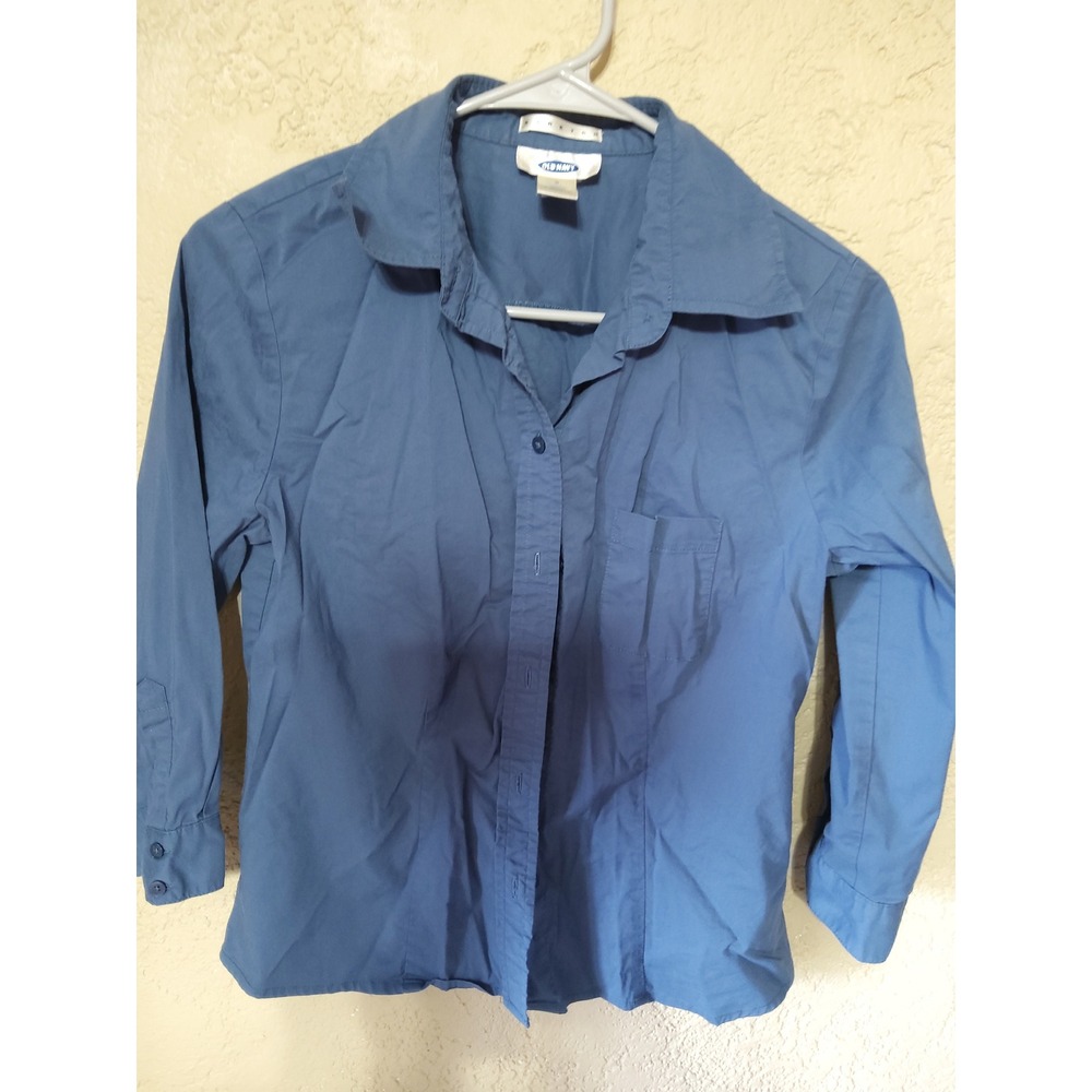 Old Navy Womens Stretch Button Down Shirt Blue Long Sleeve Size S Pocket Top